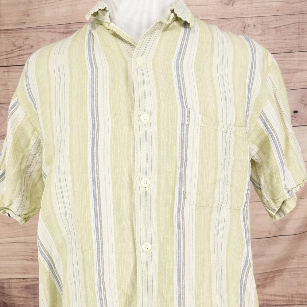 Izod Shirt Mens Large Green Striped Linen Blend Short‎ Sleeve Button Front